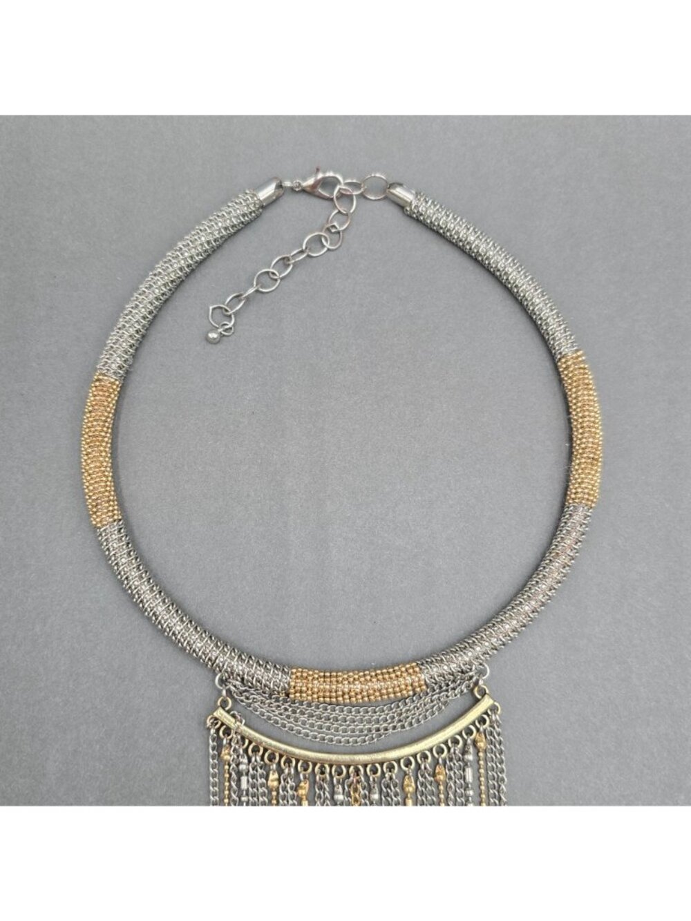 Vintage Two Tone Metal Mesh Collar Necklace Gold Silver Waterfall Fringe Choker - Picture 3 of 15